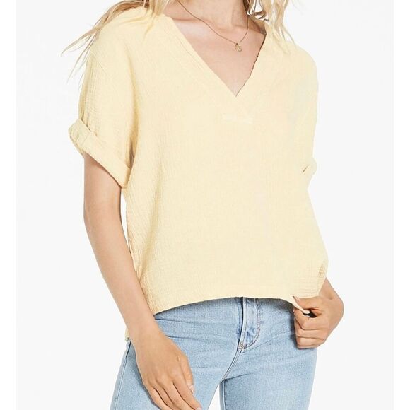 Dear John yellow gauze rolled cuff vneck top size M - Picture 1 of 9